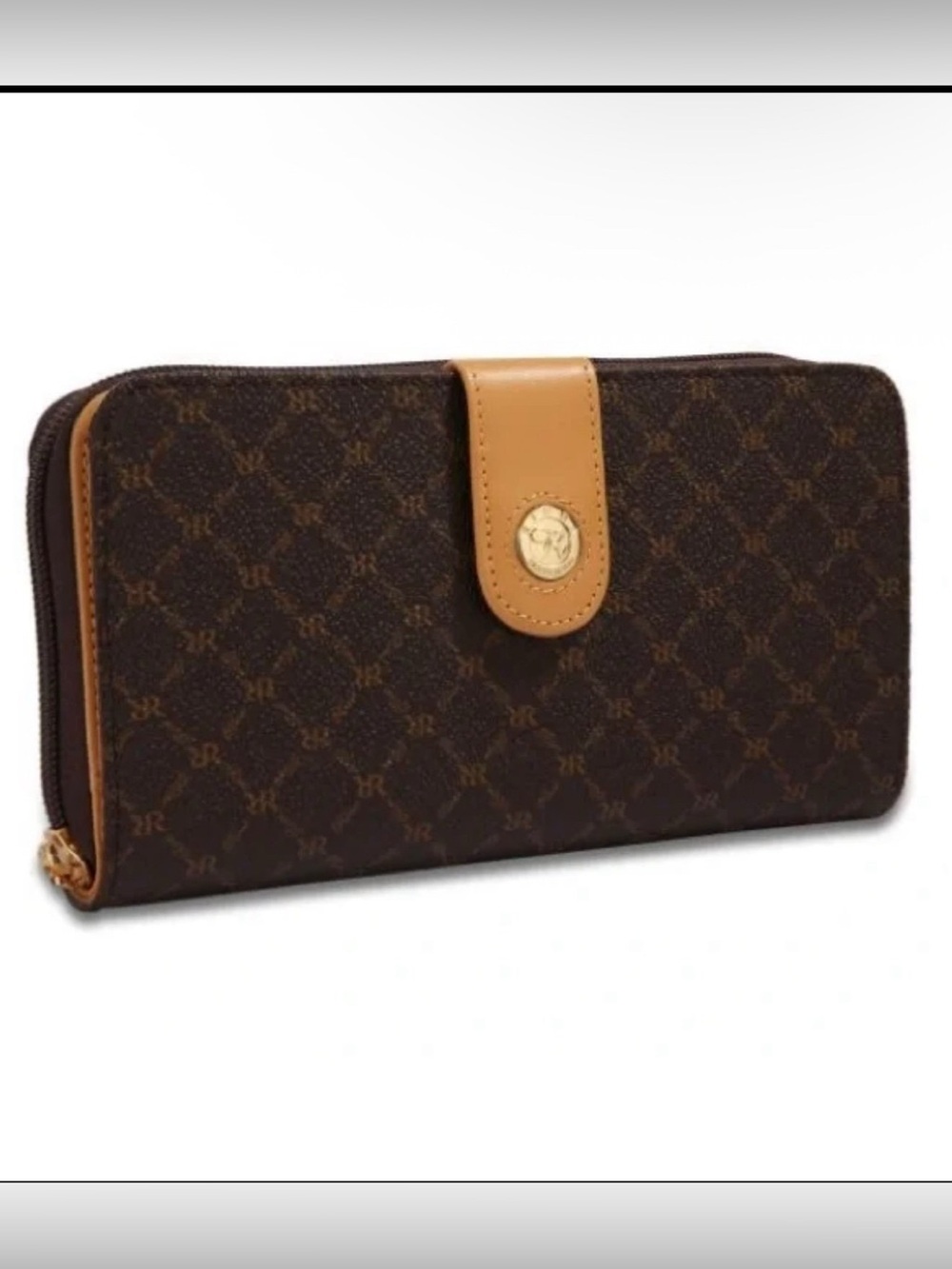 Rioni Signature Button-Zip Brown Gold Wallet